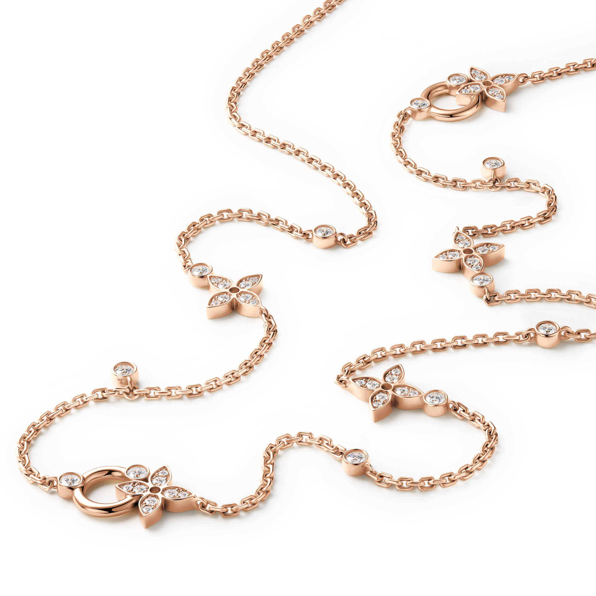 Idylle Blossom Multi-Pattern Long Necklace, Pink Gold and
